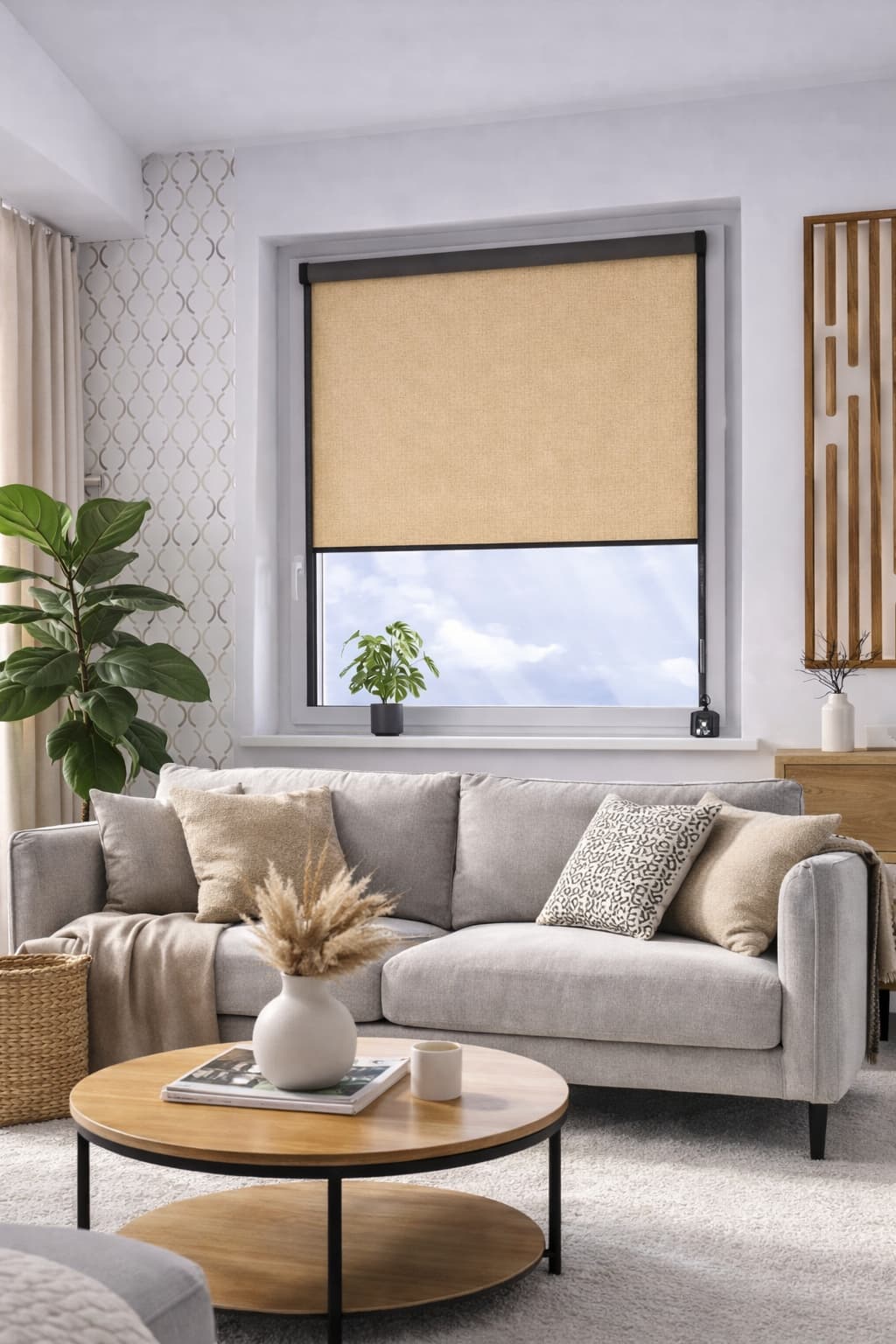 Roleta materiałowa zaciemniająca beż z białą gumą